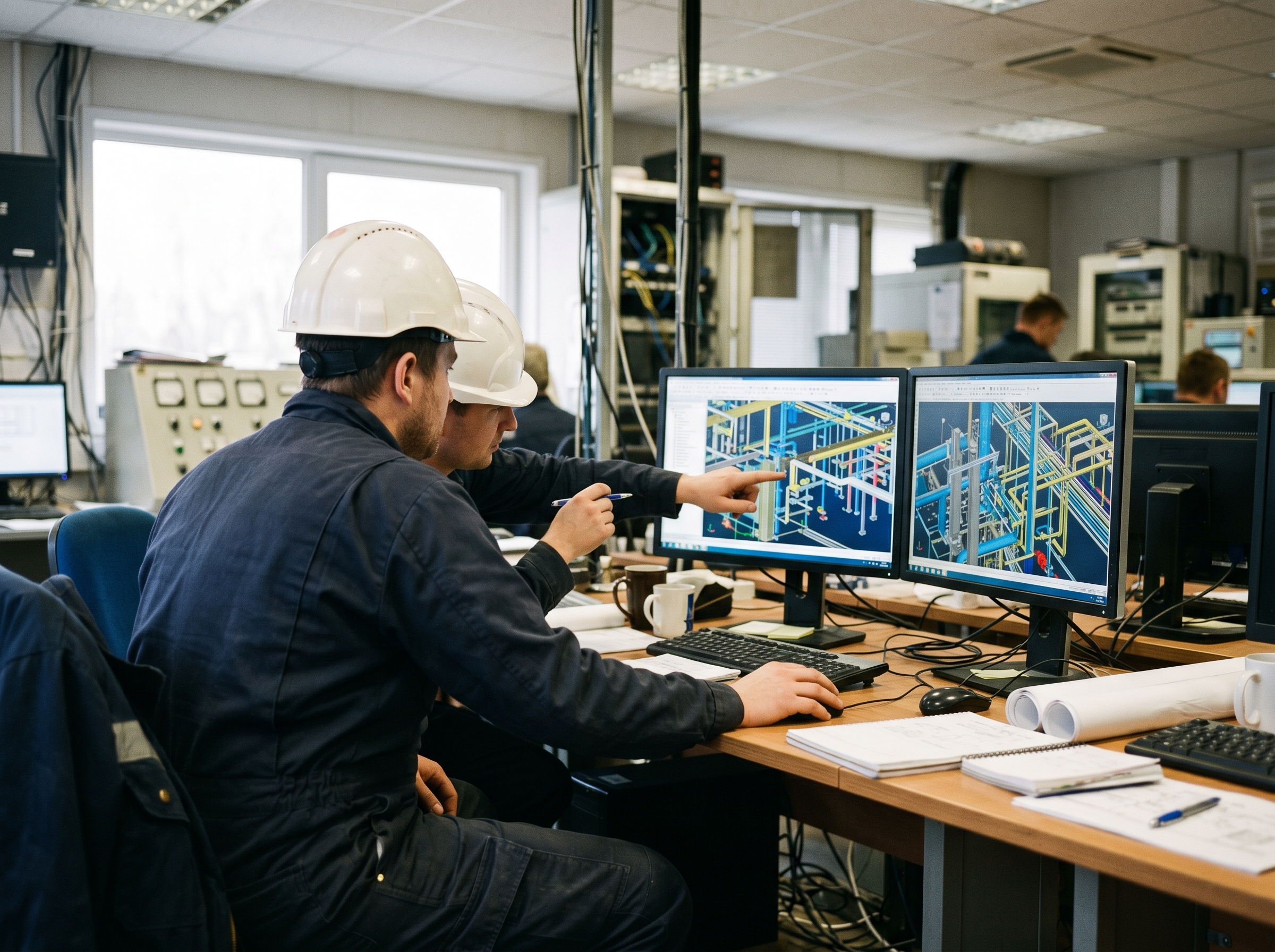 Engineers reviewing plant design on monitors
